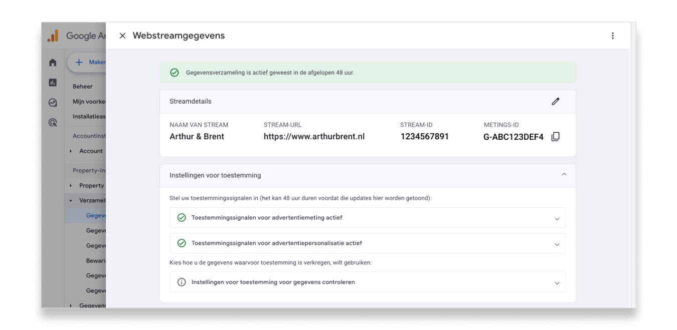 Persoongegevens verzameling actief in GA4