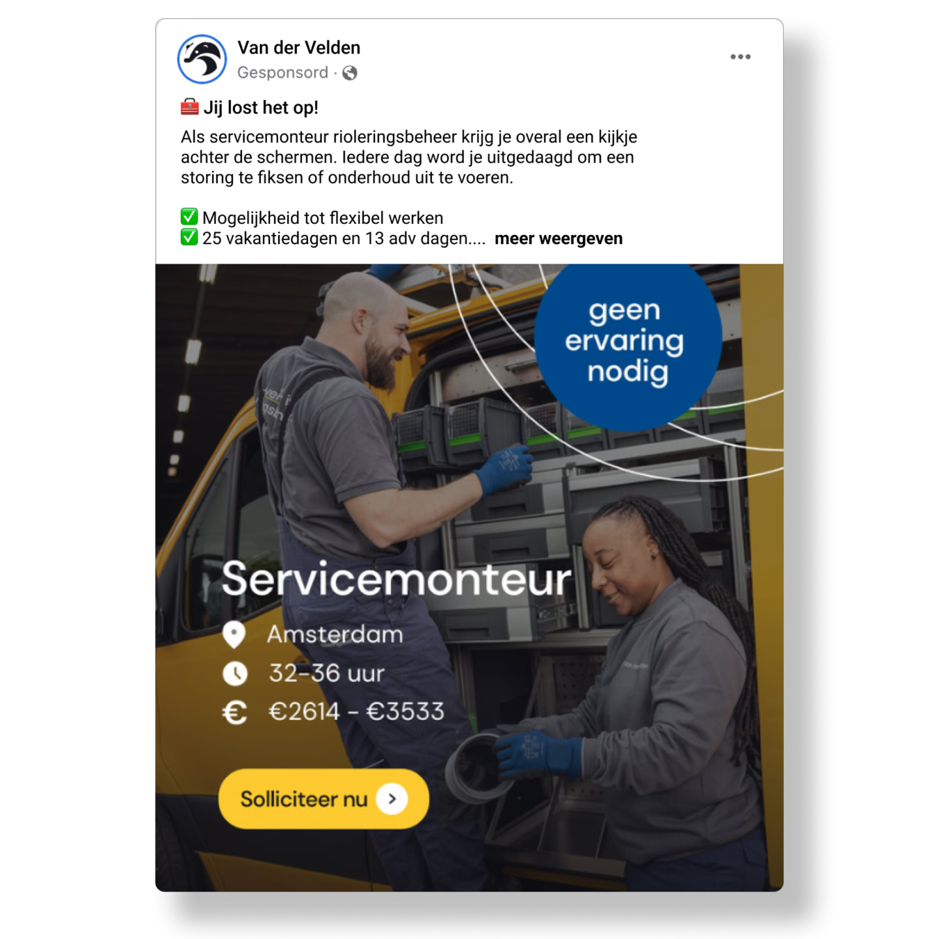 Advertentievoorbeeld van de Van der Velden jobmarketing campagne.