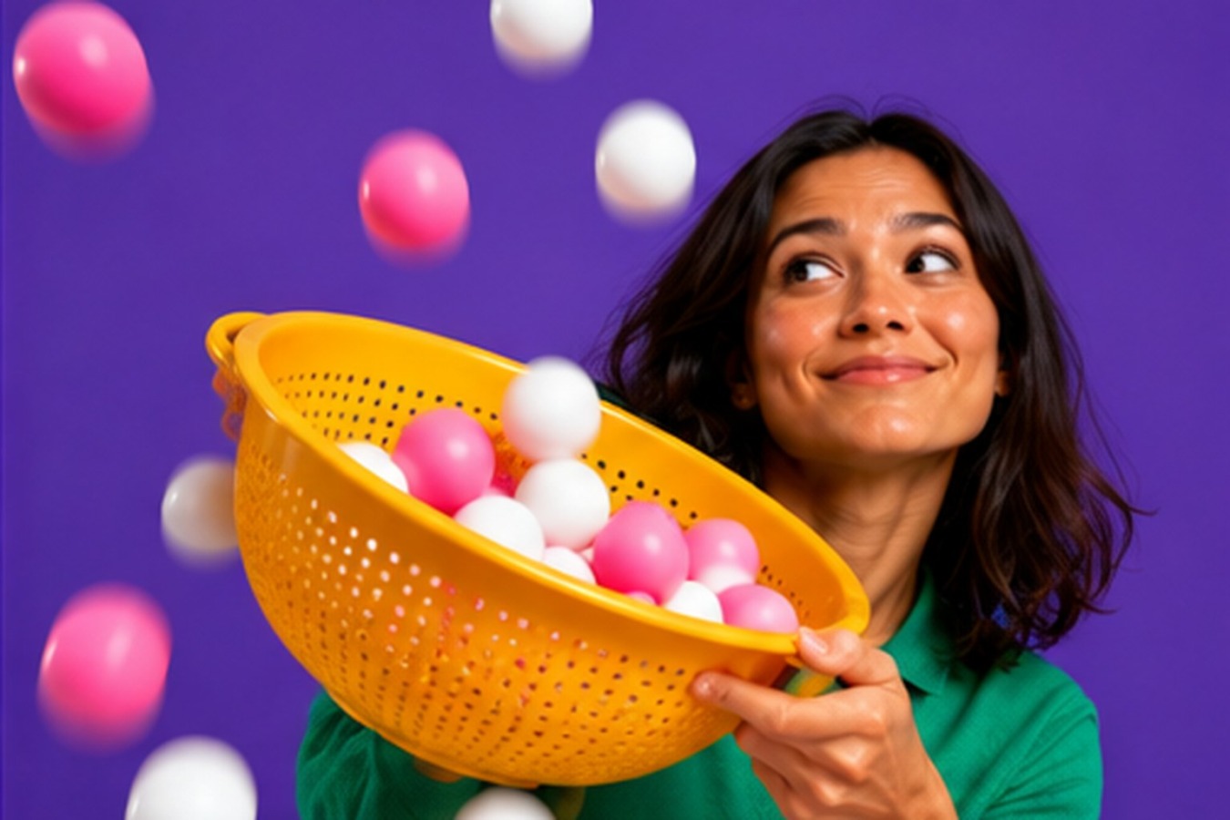 Vrouw houdt een geel vergiet vast waar gekleurde en witte balletjes doorheen vallen
