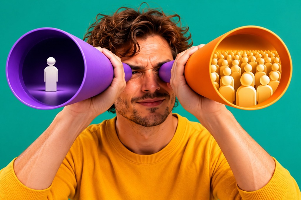 Man kijkt door twee kokers: één met één silhouet, de andere met een menigte silhouetten