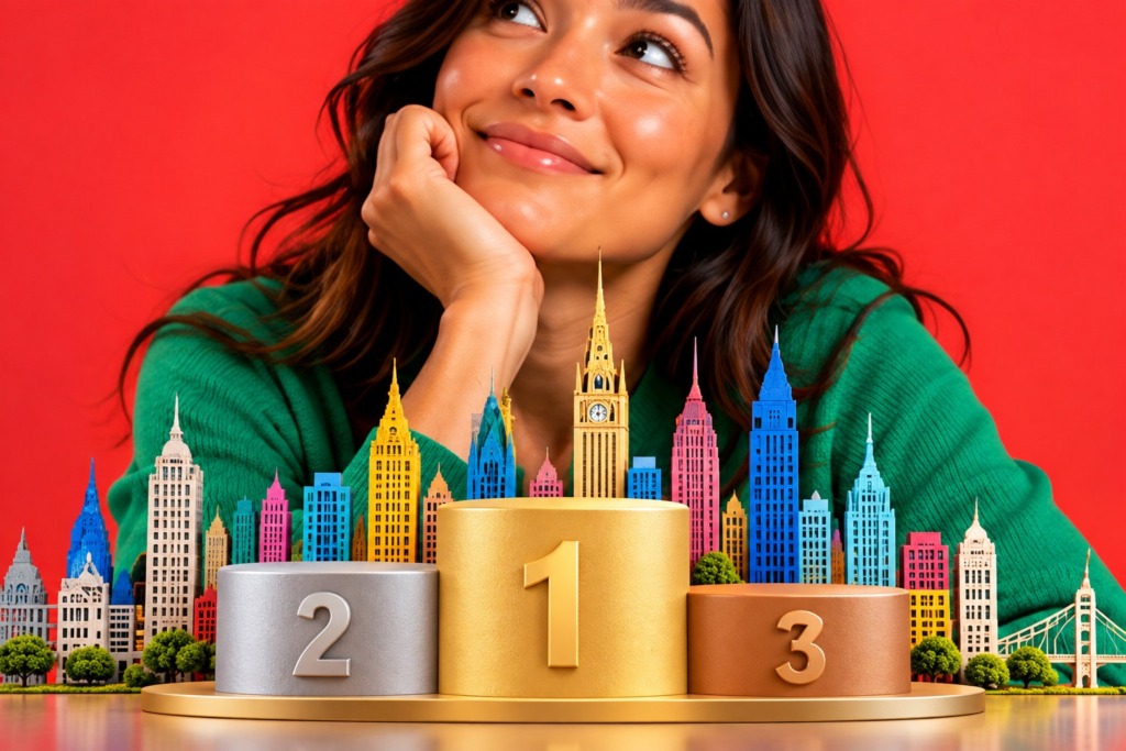 Vrouw voor een kleurrijke skyline met een 1-2-3-podium