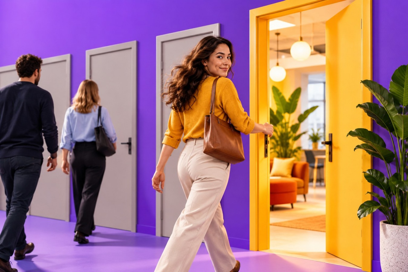Vrouw kijkt lachend om terwijl ze een gele deur naar een uitnodigend kantoor opent, collega's lopen naar grijze deuren