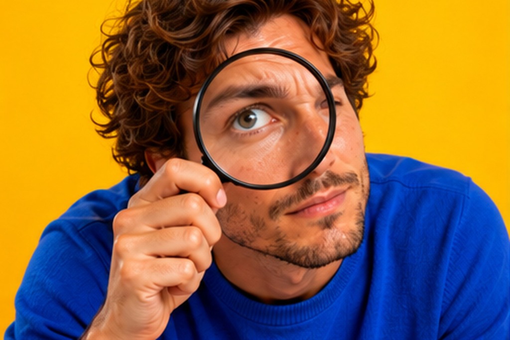 Man bekijkt kritisch zijn eigen oog door een vergrootglas