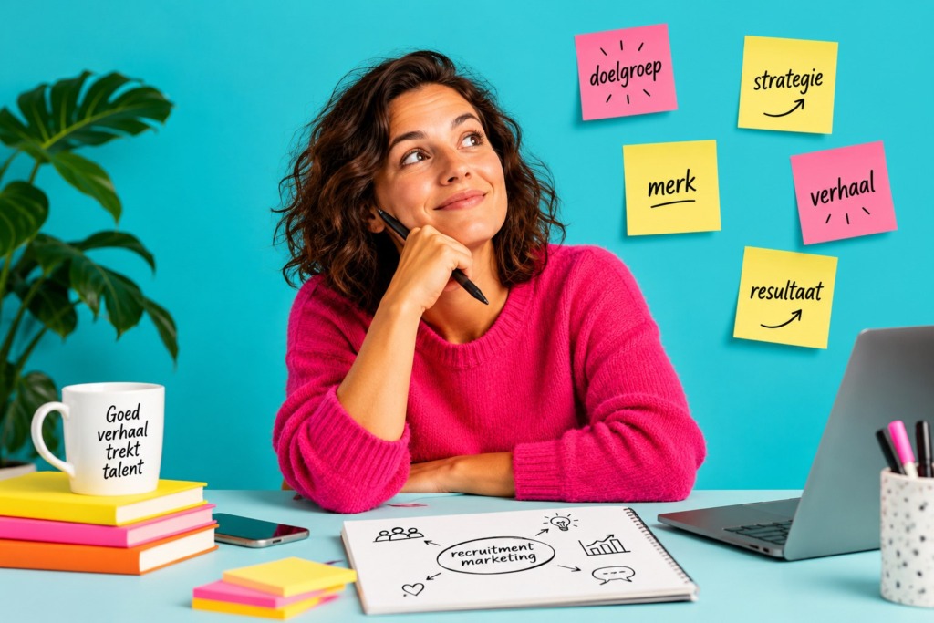 Vrouw denkt na aan haar bureau, omringd door memo's met doelgroep, strategie en verhaal