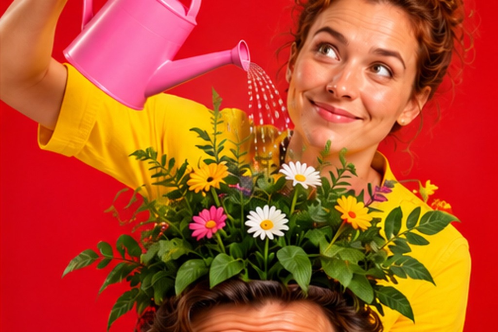 Bloemen groeien uit iemands hoofd en worden water gegeven met een gieter