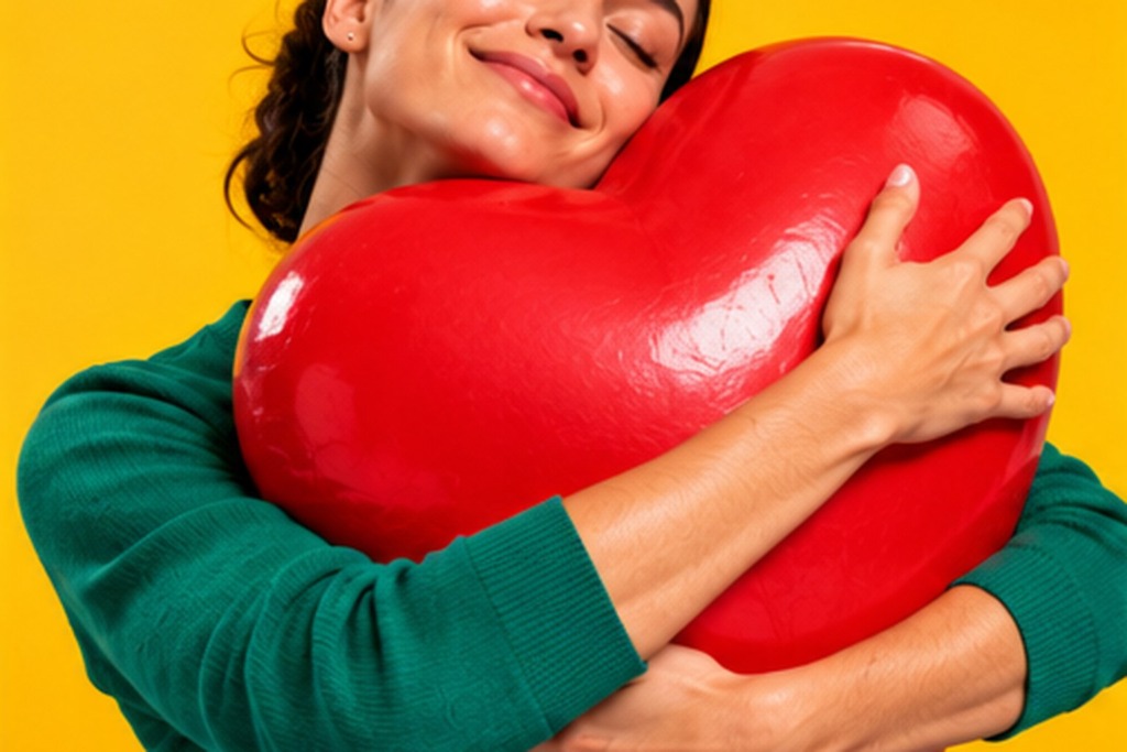 Persoon omhelst een groot rood hart