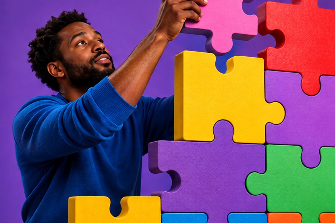 Man plaatst een geel puzzelstuk in een muur van gekleurde puzzelstukken tegen een paarse achtergrond