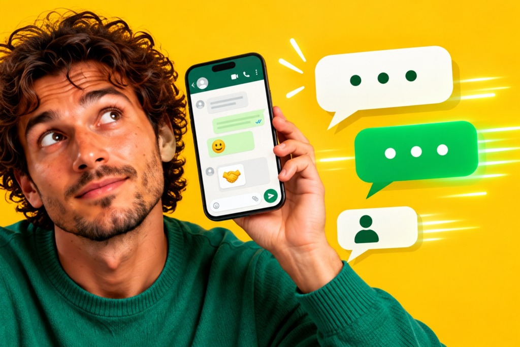 Man houdt een smartphone met een WhatsApp-chatscherm vast naast chatbubbel-iconen