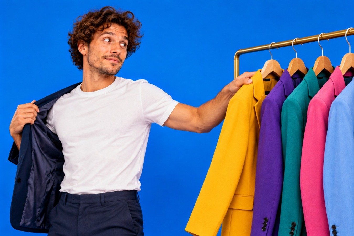 Man kijkt naar een rek met kleurrijke blazers terwijl hij zijn eigen jasje over de schouder draagt