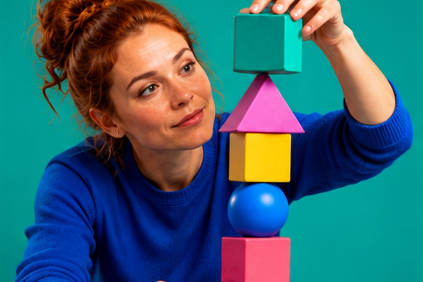 Toren opgebouwd uit gekleurde bouwvormen