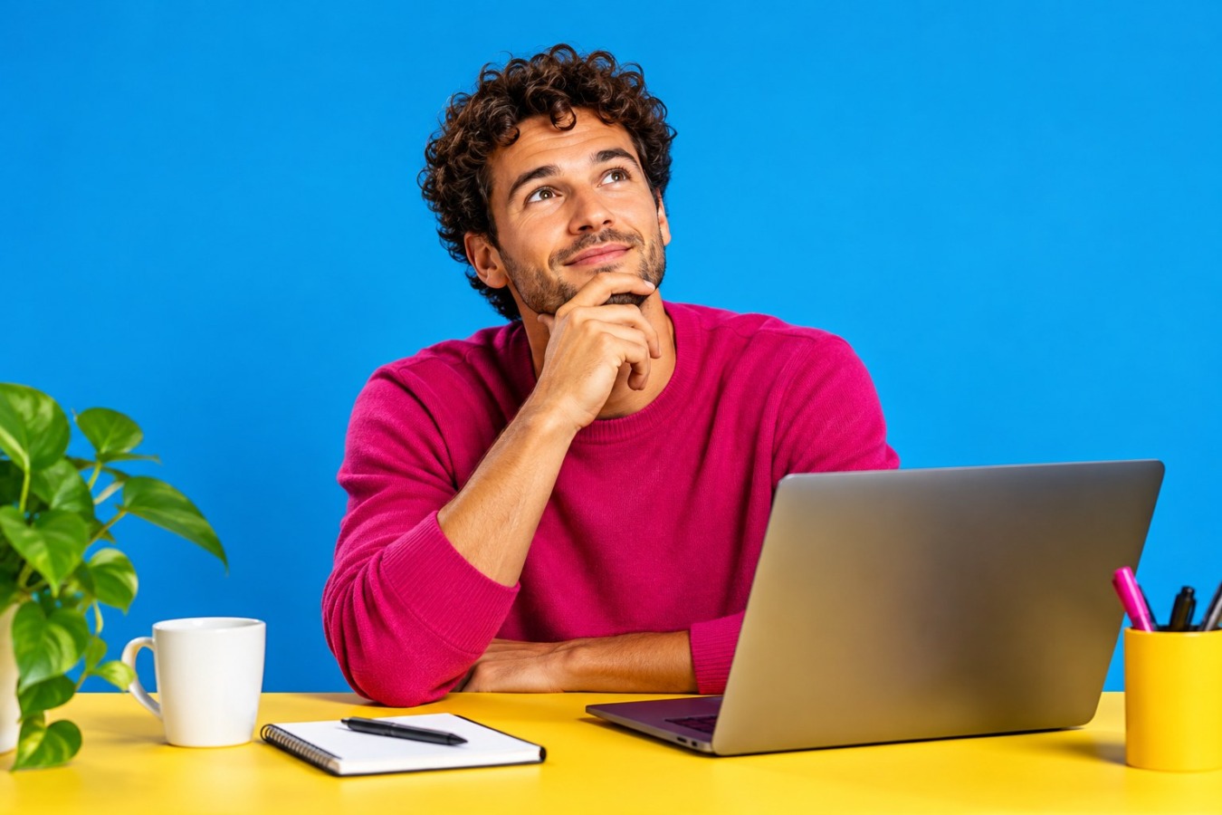 Man denkt na achter zijn laptop, op zoek naar de juiste positionering