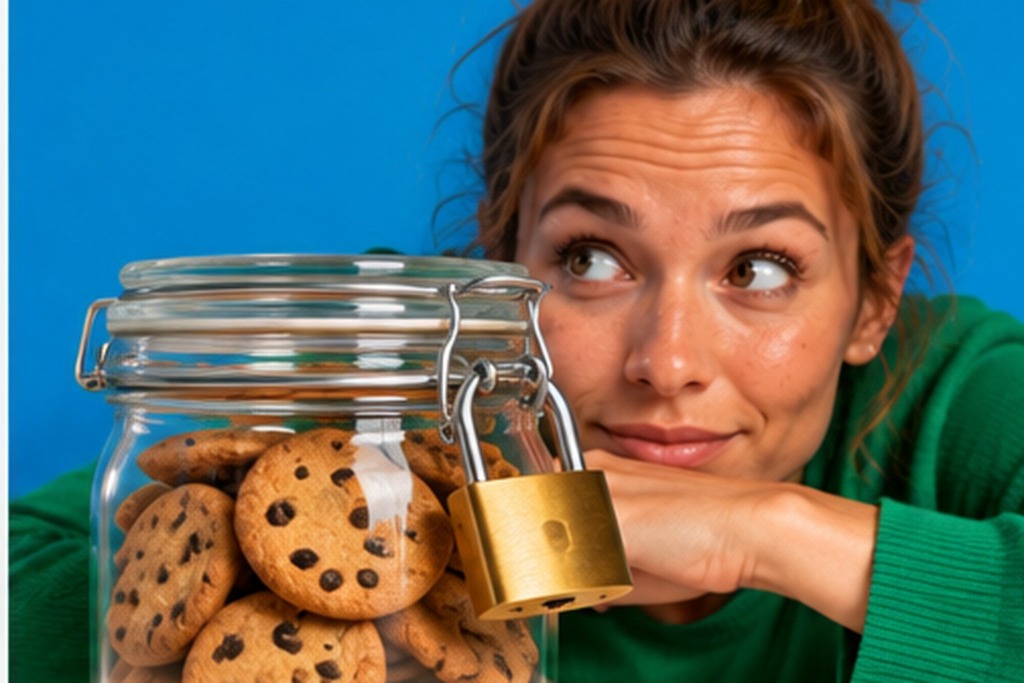 Vrouw kijkt speels over een glazen koekjespot met metalen klemsluiting