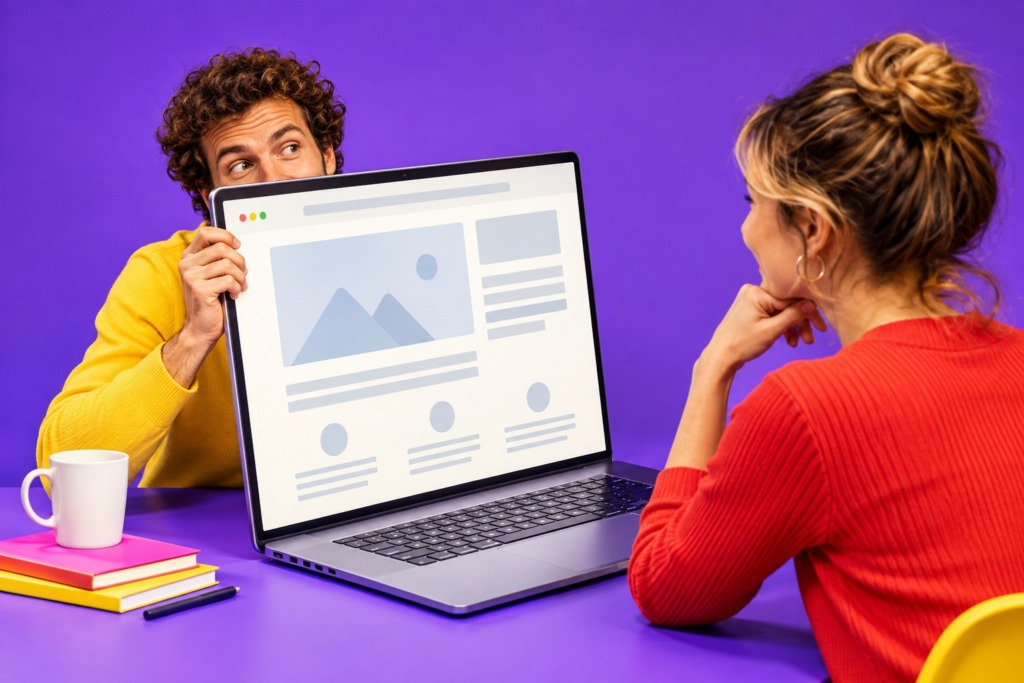 Twee collega's kijken elkaar aan over een laptop met een websiteontwerp