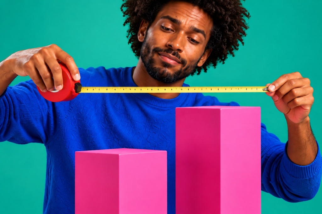 Man meet met een rolmaat het hoogteverschil tussen twee roze blokken tegen een groene achtergrond