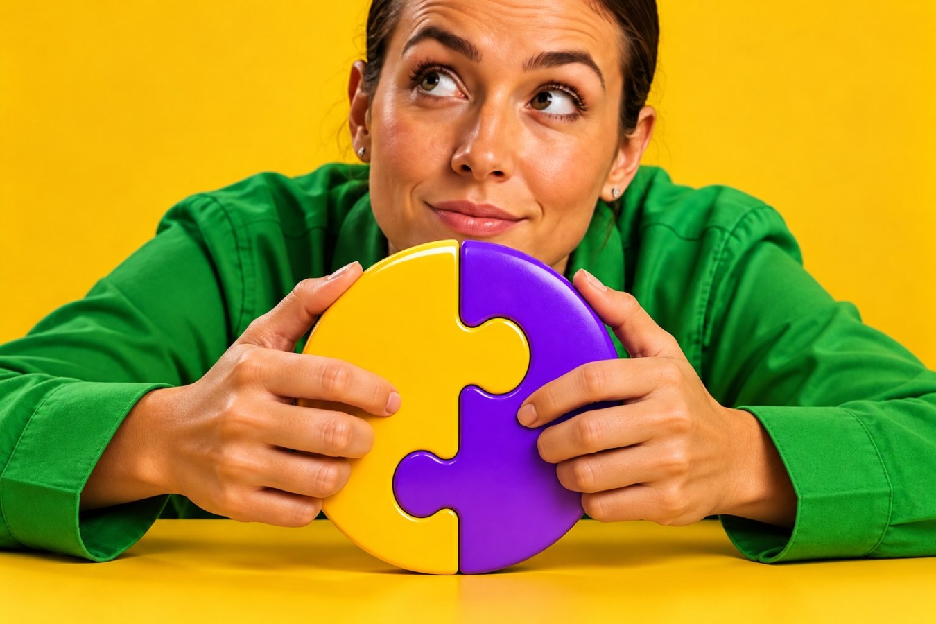 Vrouw houdt twee puzzelstukken vast die precies in elkaar passen tegen een gele achtergrond