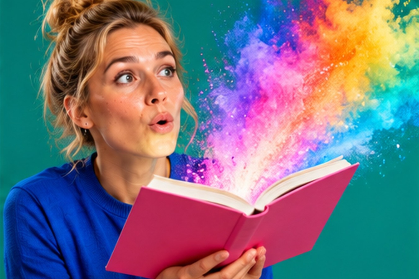 Kleurrijke lichtdeeltjes waaien uit een opengeslagen boek