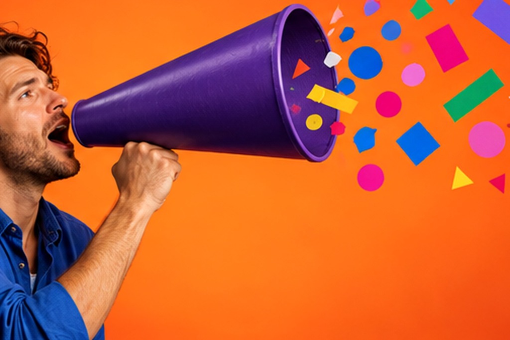 Megafoon waar abstracte gekleurde vormen uit komen
