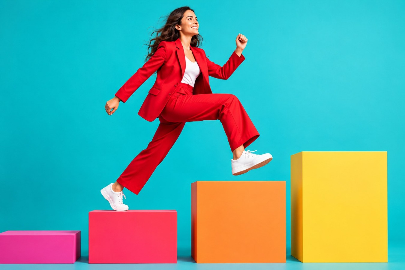 Vrouw in rood pak springt over oplopende gekleurde blokken tegen een turquoise achtergrond