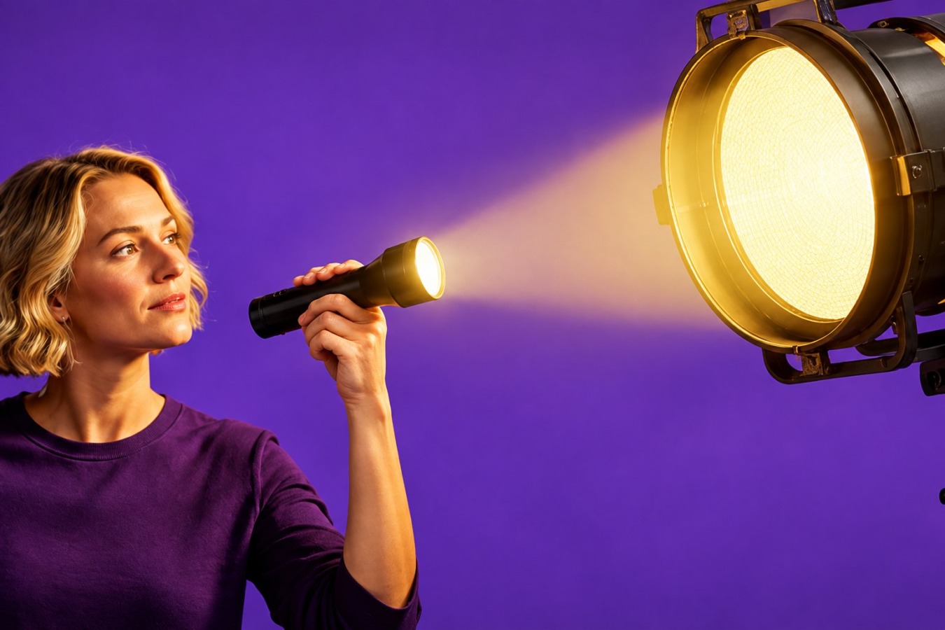 Vrouw richt een zaklamp op een grote schijnwerper tegen een paarse achtergrond