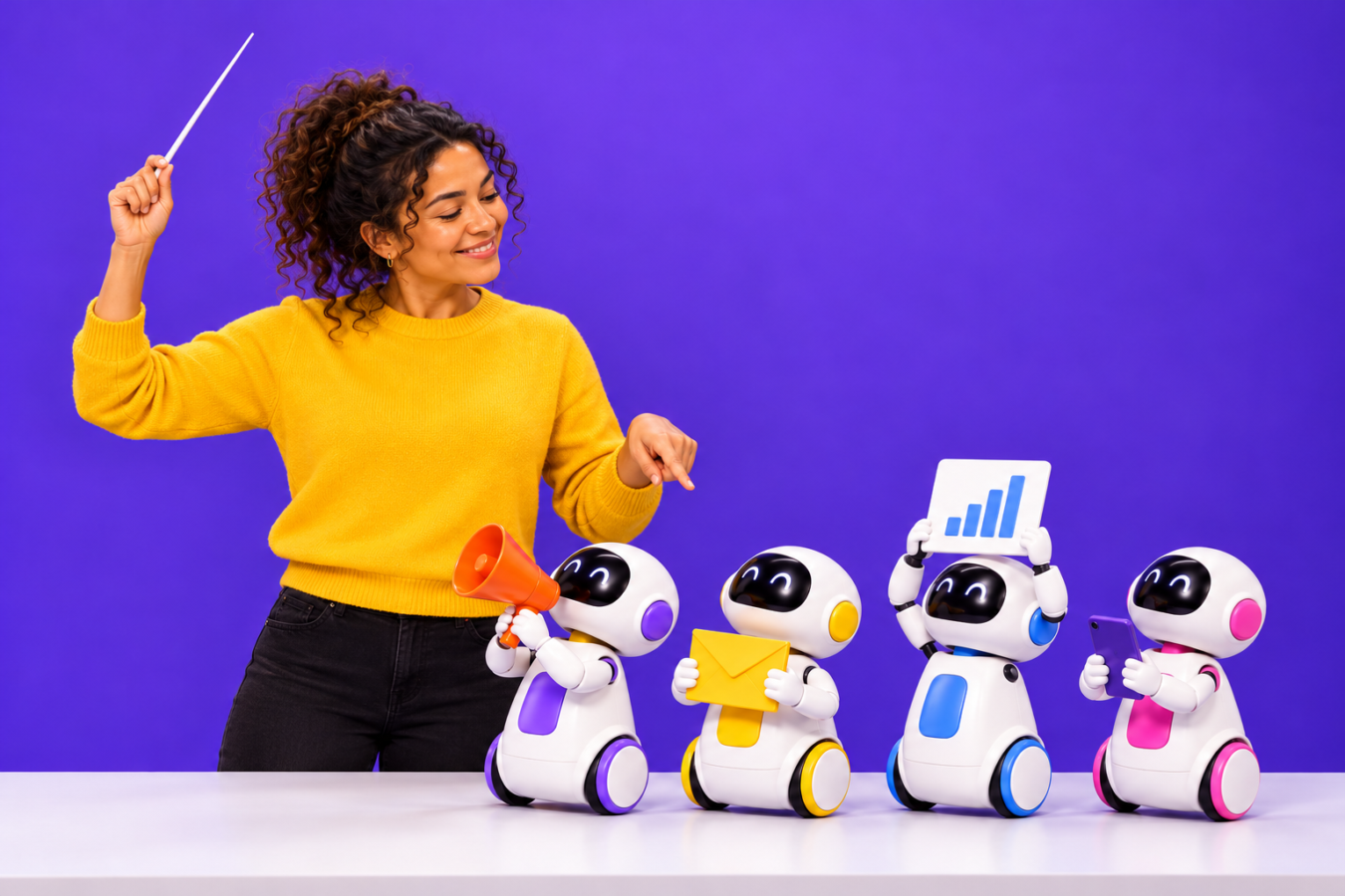 Vrouw in gele trui dirigeert vier kleine witte robotjes met een megafoon, envelop, grafiek en smartphone